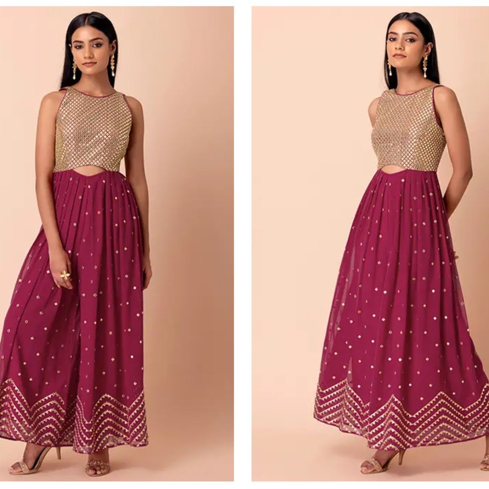 Pink Gota and Zari Embroidered Pleated Jumpsuit - Indian Wedding/Party Outfit
